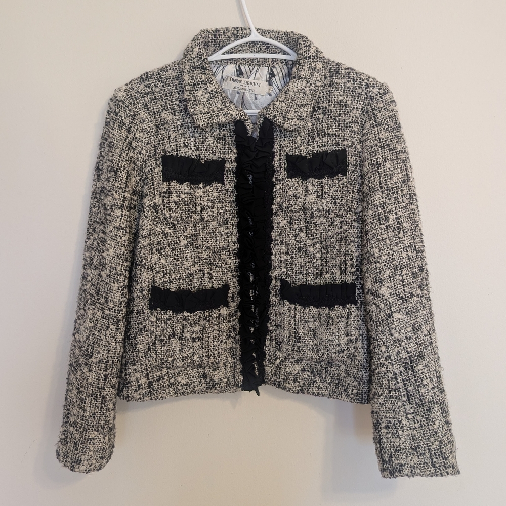 Debbie Shuchat Melanie Lyne Wool Blend Tweed Ruffle Jacket Old Money Preppy SZ 6
